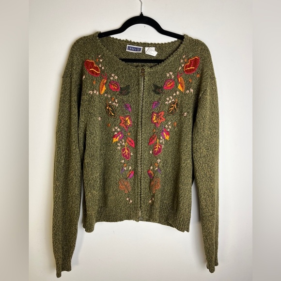 VTG Erika & Co Embroidered Cardigan Sweater XL Fall Leaves Cottage Grannycore - Picture 5 of 10
